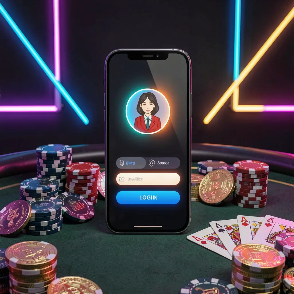 ALLINTAYA casino app login screen on a smartphone with a glowing user profile icon, surrounded by poker chips, playing cards, and coins against an elegant dark background with neon highlights ALLINTAYA casino app login screen on a smartphone with a glowing user profile icon, surrounded by poker chips, playing cards, and coins against an elegant dark background with neon highlights