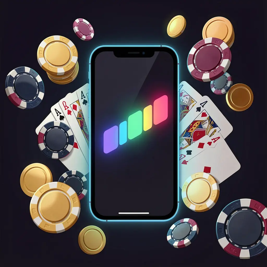 ALLINTAYA casino app installation visual on a smartphone with a glowing progress bar, surrounded by coins, chips, and cards on a dark background ALLINTAYA casino app installation visual on a smartphone with a glowing progress bar, surrounded by coins, chips, and cards on a dark background