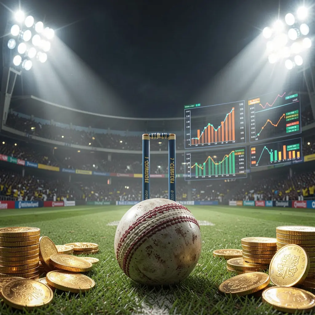 ALLINTAYA cricket betting page background featuring a dramatic stadium with floodlights, a cricket ball in the foreground, wickets behind, and golden coins alongside glowing data charts ALLINTAYA cricket betting page background featuring a dramatic stadium with floodlights, a cricket ball in the foreground, wickets behind, and golden coins alongside glowing data charts