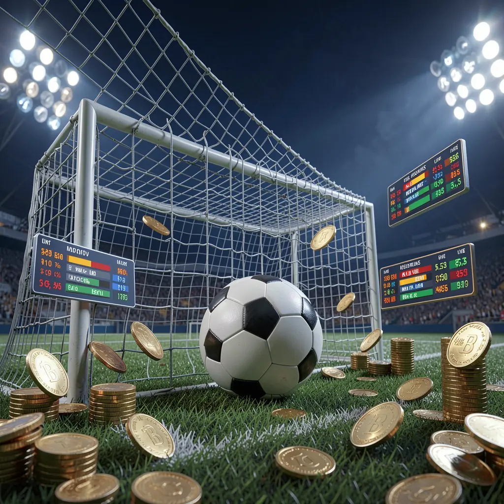 ALLINTAYA sports betting page featuring a realistic 3D render of a football goal net, soccer ball, stadium lights, coins, and floating live score panels on a dark blue premium background ALLINTAYA sports betting page featuring a realistic 3D render of a football goal net, soccer ball, stadium lights, coins, and floating live score panels on a dark blue premium background
