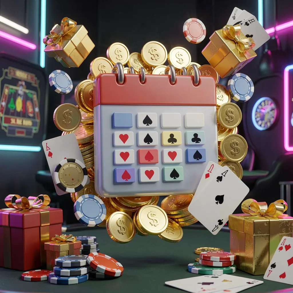 ALLINTAYA weekly online casino bonus concept featuring a calendar icon surrounded by golden coins, gift boxes, poker chips, and playing cards in a festive casino atmosphere with dark modern background and neon lights