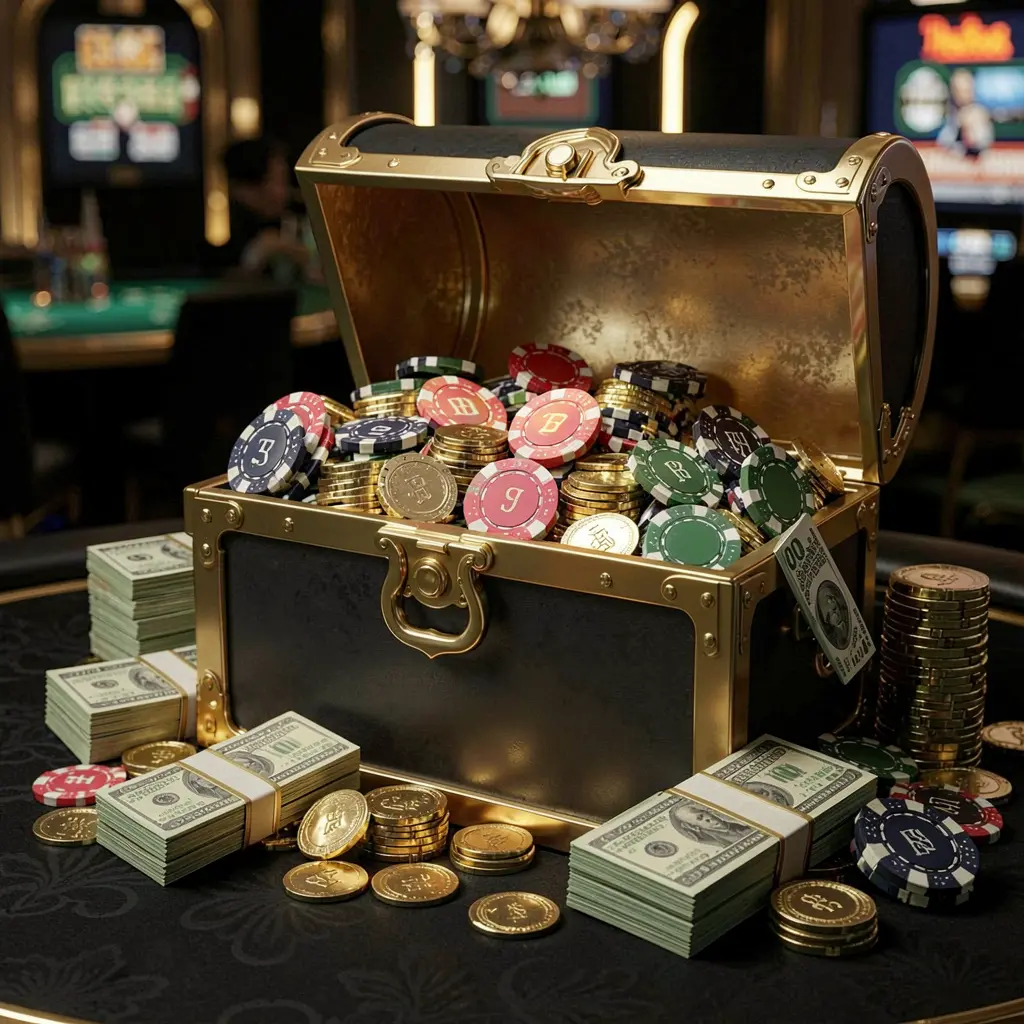 ALLINTAYA casino rewards scene featuring a golden treasure chest overflowing with chips, cash bundles, and sparkling coins in an elegant black and gold style with dramatic lighting