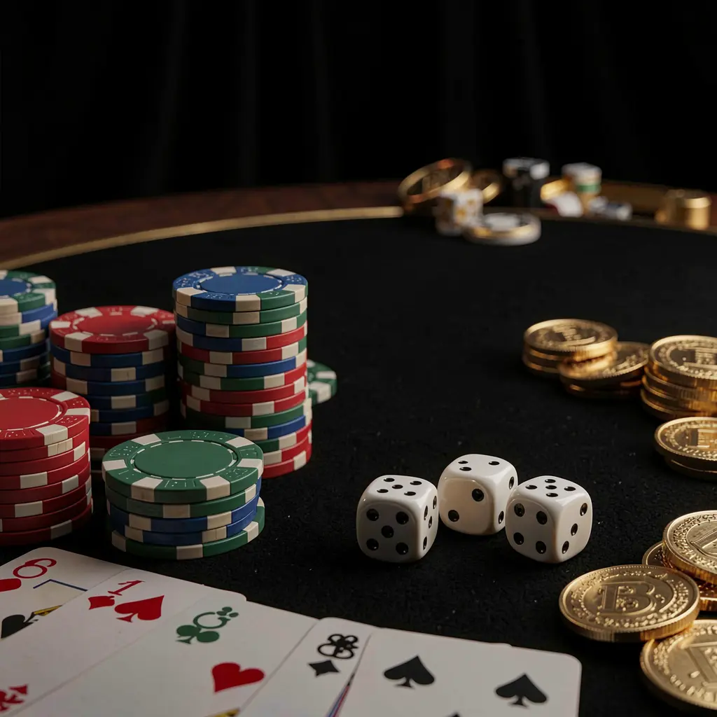 Elegant ALLINTAYA casino table close-up featuring poker chips, playing cards, dice, and gold coins with soft cinematic lighting against a luxury black background