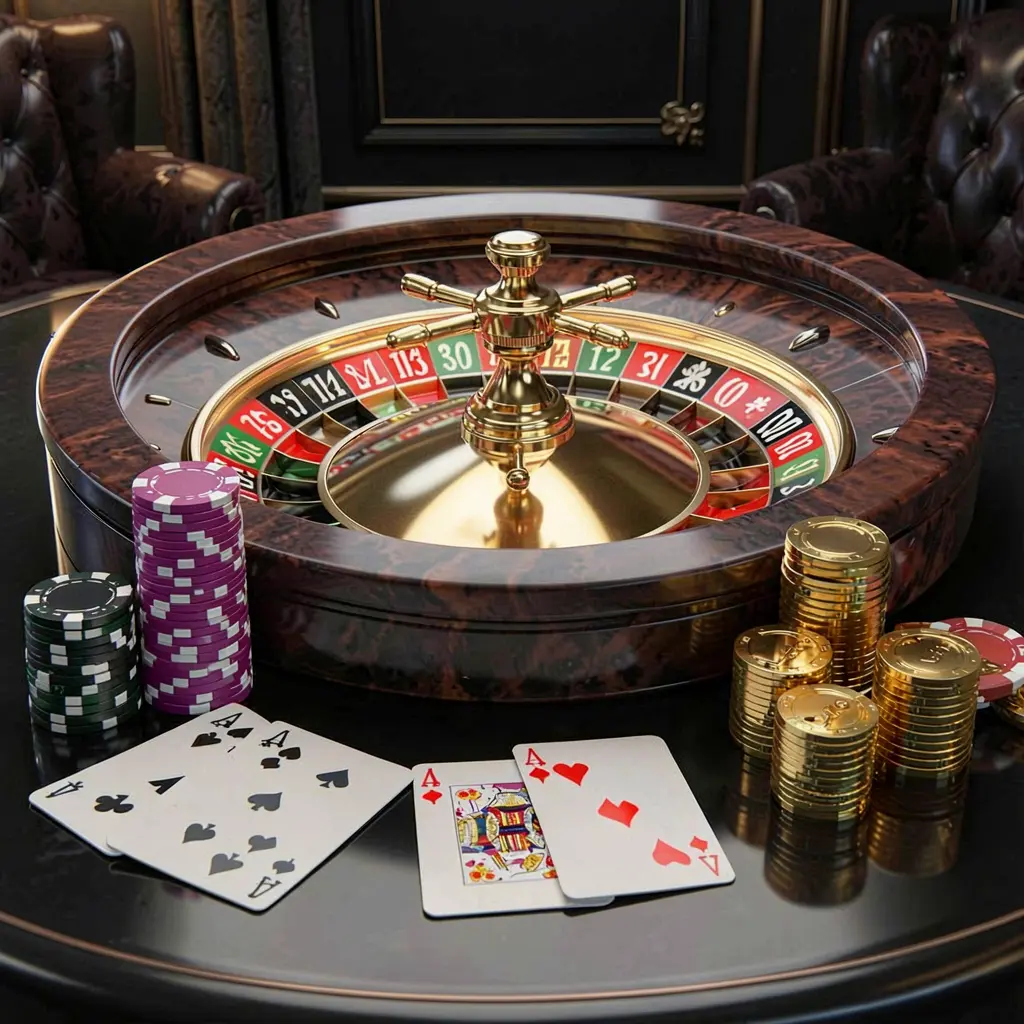 ALLINTAYA modern online casino scene featuring a roulette wheel, playing cards, poker chips, and golden coins on a glossy table with a dark luxury background in a realistic 3D illustration