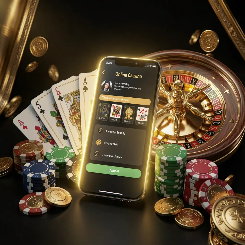 ALLINTAYA online casino account portal featuring a glowing smartphone surrounded by premium cards, chips, roulette wheel, and coins against a black and gold background with cinematic lighting in a realistic 3D render