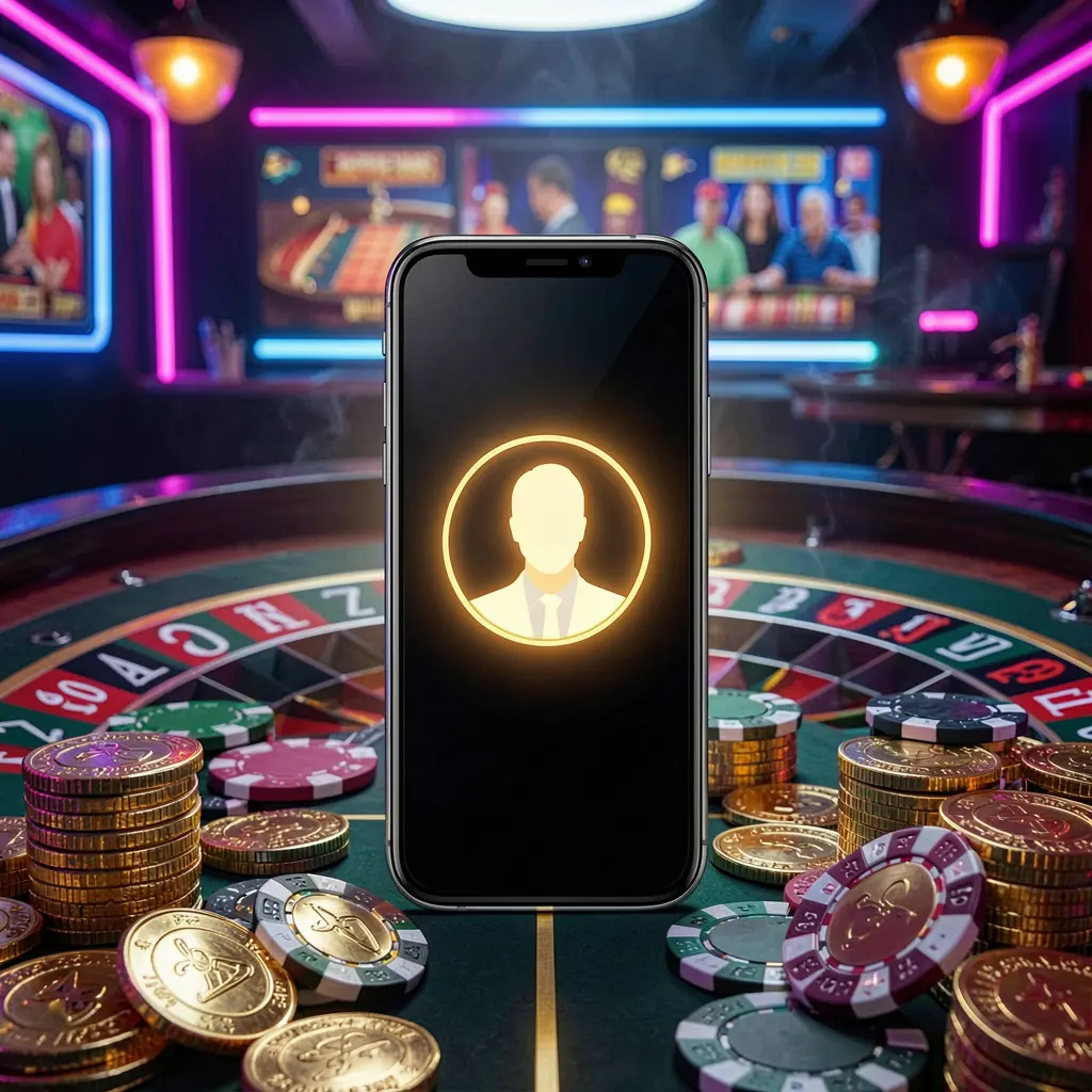 ALLINTAYA online casino sign in hero image featuring a modern phone with a glowing profile icon, roulette lights in the background, golden coins and poker chips in a premium dark neon atmosphere