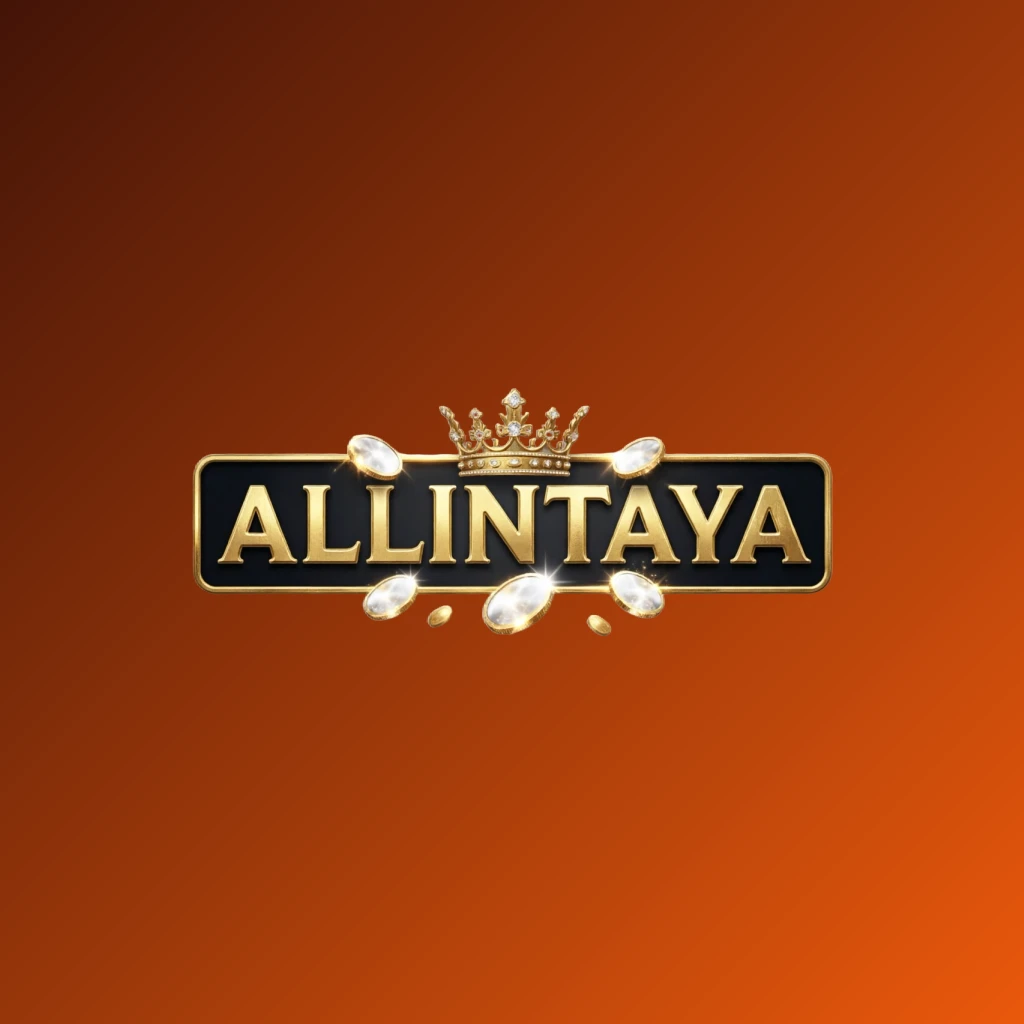 ALLINTAYA casino-style logo with golden letters, crown element, and sparkling coins in a luxury gaming atmosphere, designed as a horizontal rectangular wordmark with a transparent background