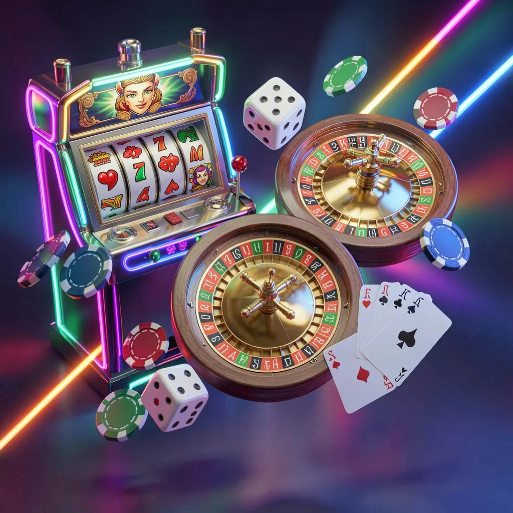 ALLINTAYA casino games collection homepage visual featuring a slot machine, roulette wheel, dice, playing cards, and poker chips floating together with colorful neon lights in a premium 3D render
